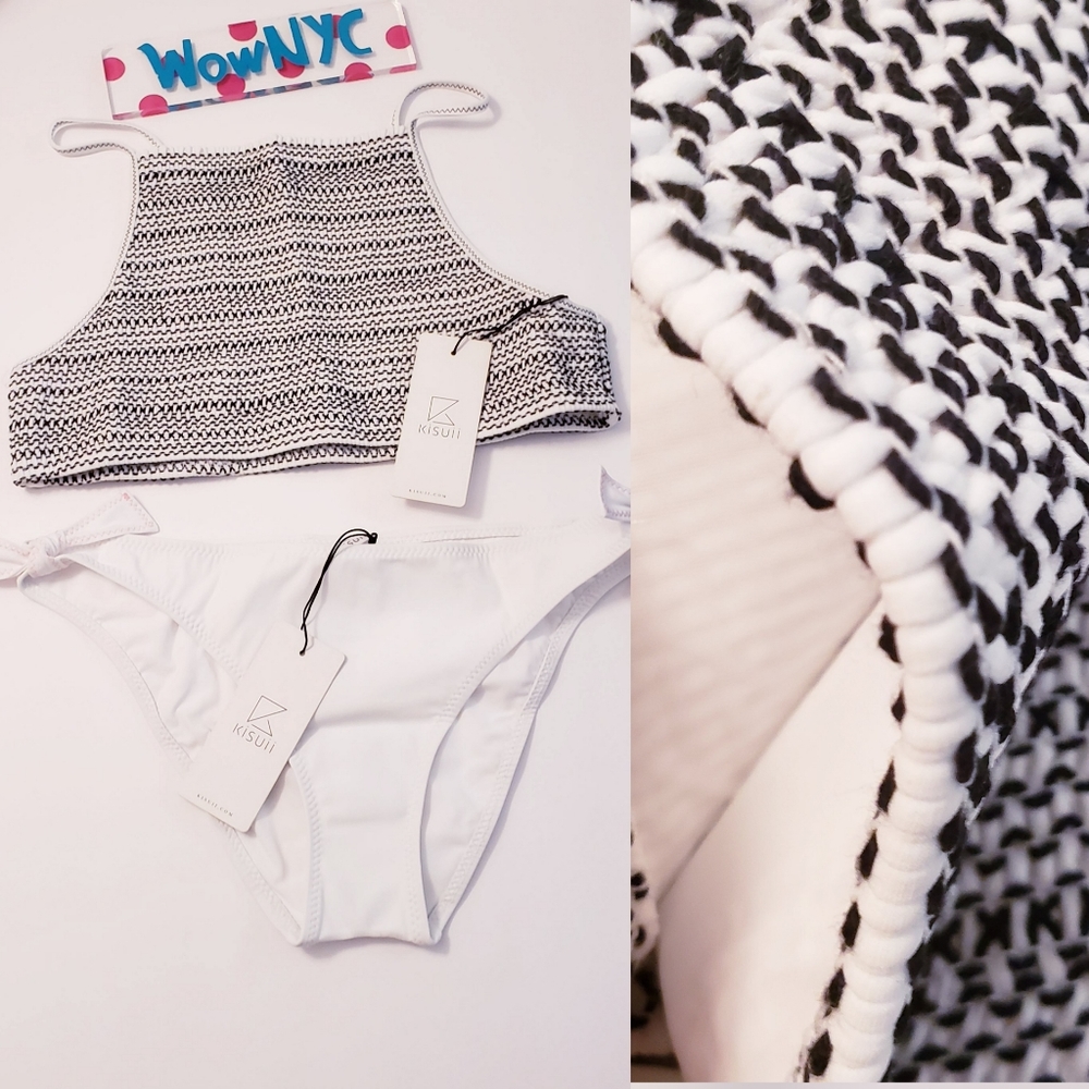 $220 NWT KISUII Women's Black White Bikini Top Bottom M L Knit Smoked 2 PC SET - Picture 4 of 11